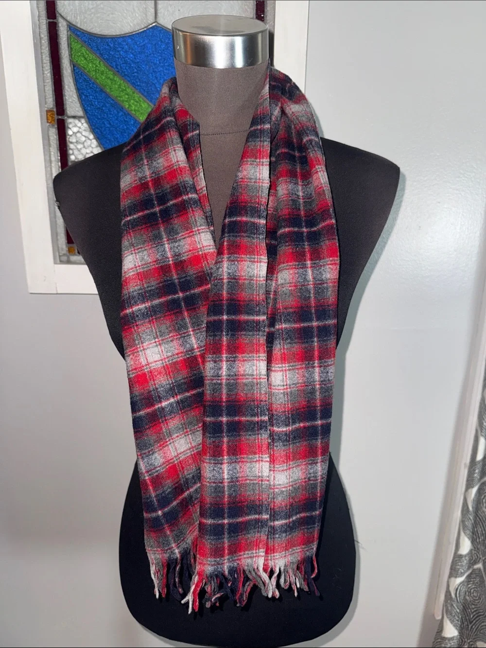 Vintage Pendleton 100% Virgin Wool Red Plaid Fringe Scarf Made in USA